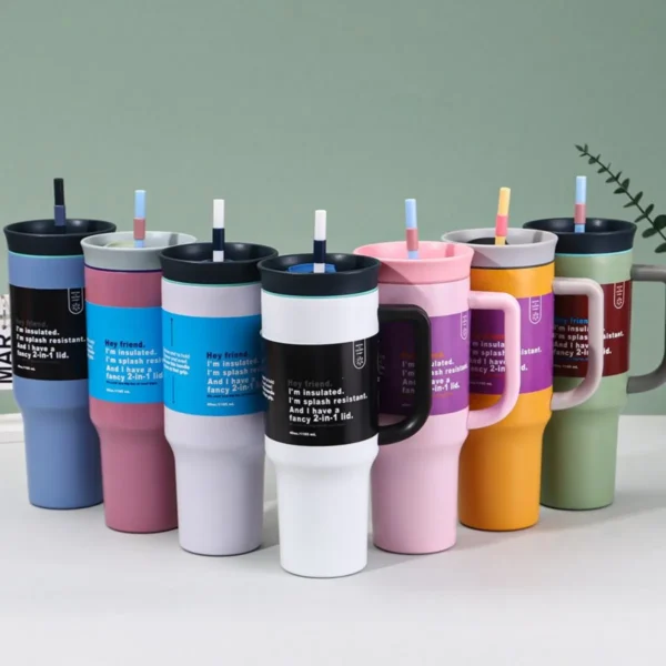 1,180ml Insulated Stainless Steel Car Cup with Handle & Straw