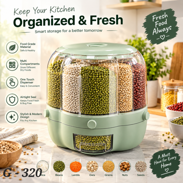 360° Rotating Multi-Grid Grain Dispenser designed for organized dry food storage.